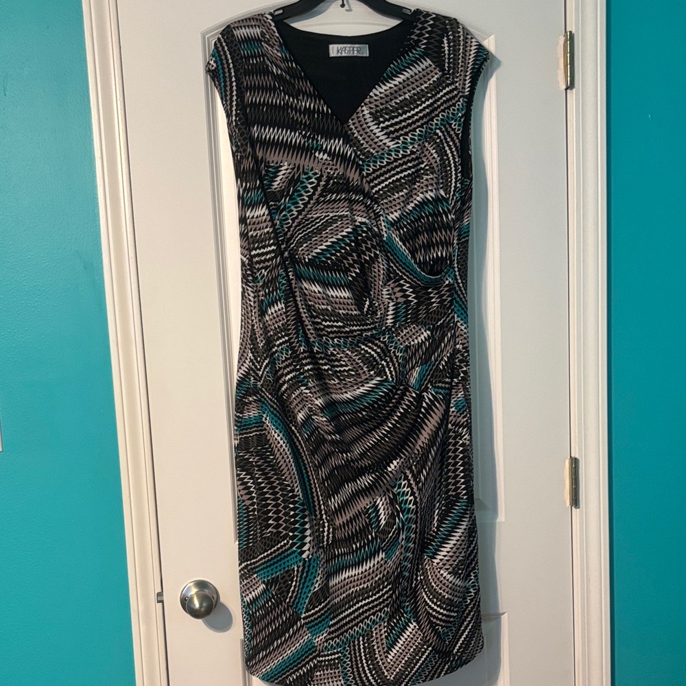 Kasper Black and Teal Patterned Cap Sleeve Midi Dress